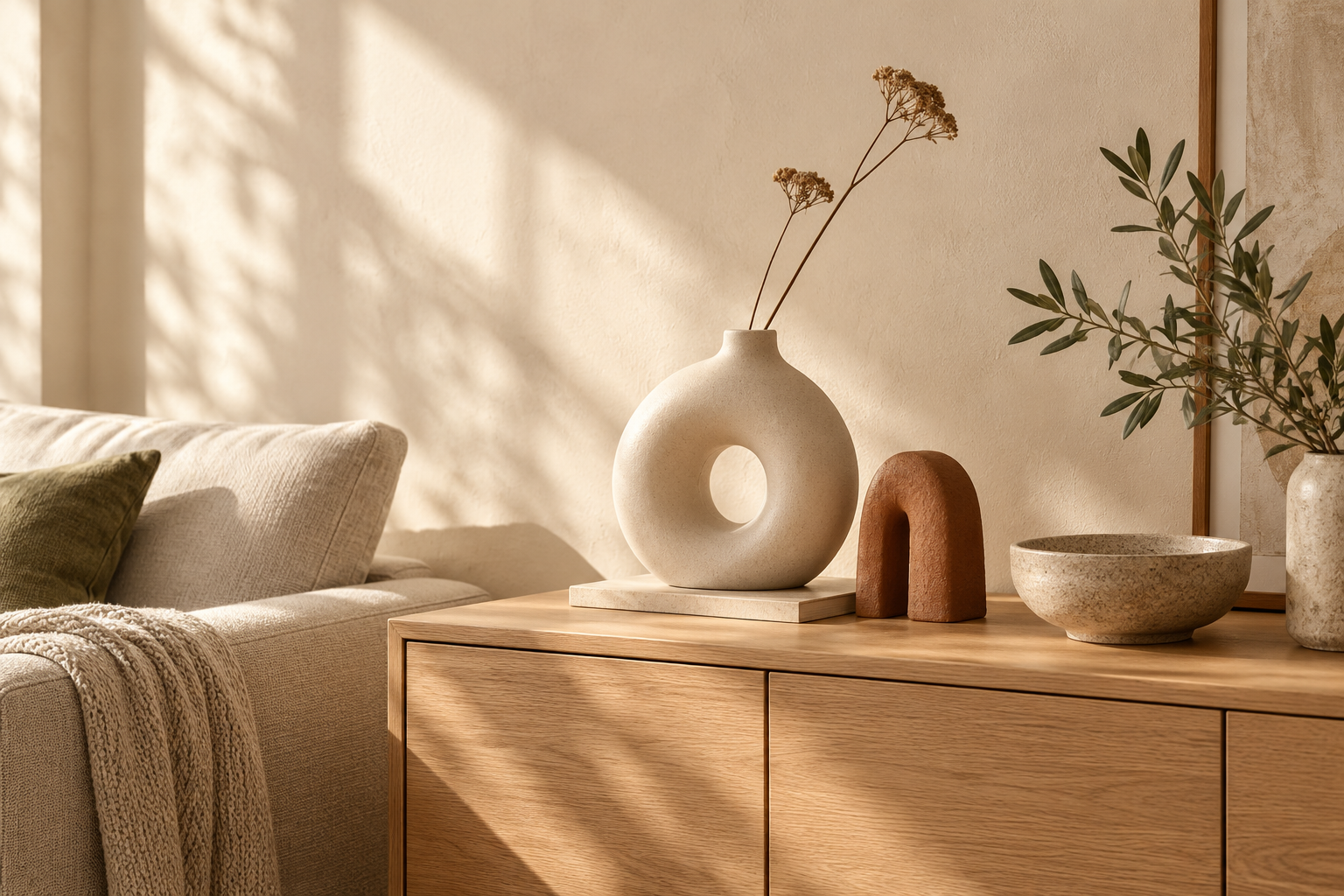 AI-created styling inspiration: a sunlit console with sculptural ornaments; this is not a product photo